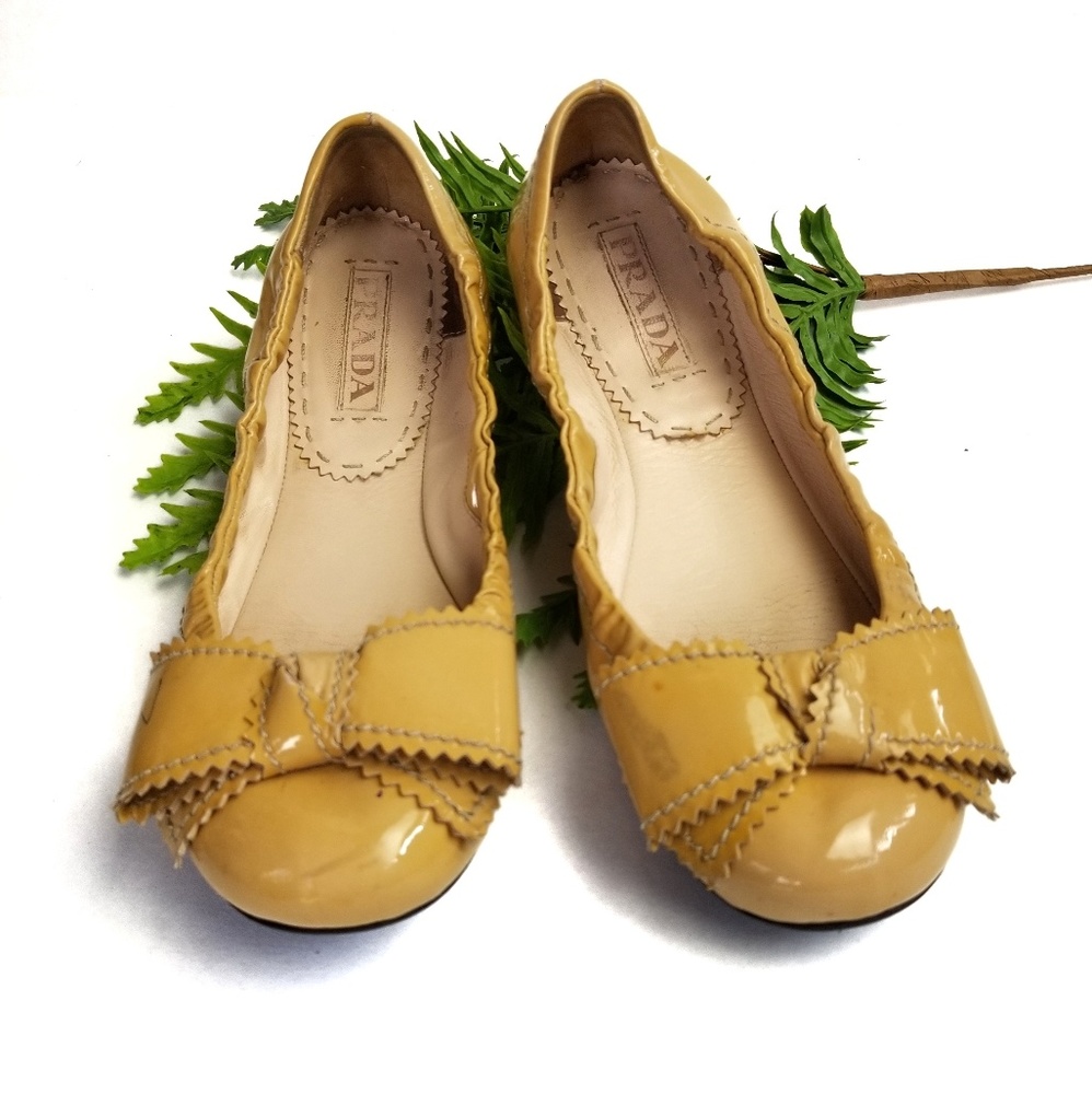 Prada Mustard Patent Leather Bow Flats